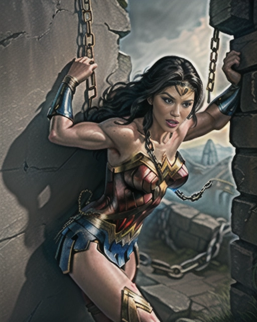 A dramatic illustration of captive Wonder Woman tied to chains facing a wall and the Hulk grabs her ass with one hand, tears in her eyes, bruises, blood, defeated, erotic