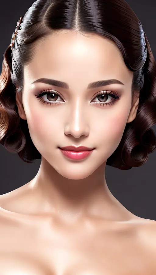 (solo lady), beautiful natural hair in Glamorous Finger Waves with Side Part, lmond-shaped eyes with button nose and full lips, looking into camera,teasing smile, accurate facial details, natural lighting, (((8k high resolution photo))),(((extreme facial close up)))