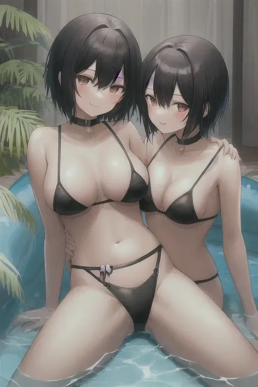 animie two girls three girls coupl leszbian girl on girl asian dark hair forest jungle kissing caress hugging sexualy provacative voulptuos lingerie mini bikini lon hair short hair musculer thletic smile lesbian provocative pose reclining sitting girl on girl