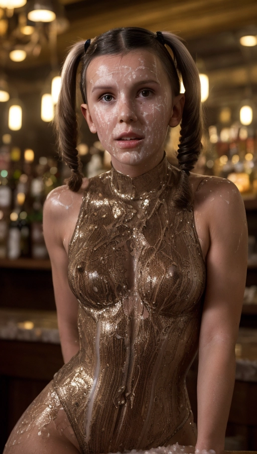 (((30 years old millie bobby brown))),(Award winning close portrait realistic painting:1.2), (((pigtails))) ,((insanely detailed and intricate finish on everything)), hyper-maximalist, (dark eyes makeup), (hyper-realistic cute innocent busty beautiful gorgeous nubile woman as the main protagonist enslaved and dominated in a humiliating film-scene set in the 1950 of the misogynic dystopic fallout world movie),((blowjobs and swallowing cum for livelihood )), ((she is forced to give out blowjobs to everyone at a crowded bordello bar)),((she is showing humiliated shameful ashamed facial expression:1.2)), accurate detailed beautiful realistic face,(( her legs are slightly apart for the viewer)),slim athletic feminine toned fitness body,(elite fitness trained glutes ass)),toned abs, skin is slightly glistening with sweat, full body shot, well-lit front body, intricate abstract art, ((wearing a butler bunny suit )),(bunny-ear headband), (bell choker:1.2),((cameltoe)),( gloves),((detailed scene from a 1950 fallout-shelter indoors bar dystopia background)),intricate artwork, ray tracing, God rays, high detail, sharp focus, complex concept art, digital painting, artstation v4, ambient lighting, 8k,best quality,UHD,RAW,UHD,best quality,bukakke,((cum on her body and clothes)),<lora:bukkake:0.8>,((realistic semen)),((semen splattered all over her face chin forehead:1.2)),(dpmg_face_cum_v1),((five correct detailed fingers per hand)),((gaging cum:1.2)),((cum drooling))