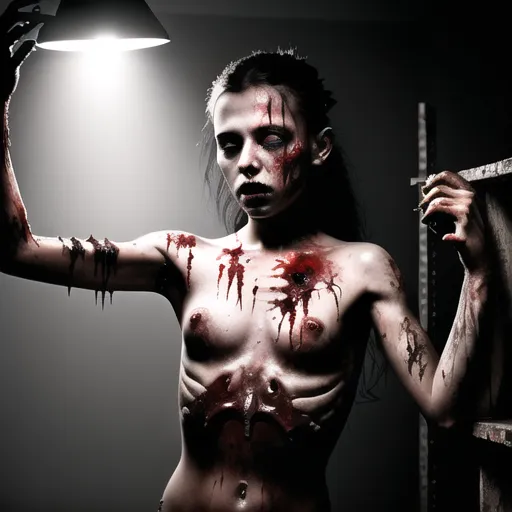 dark fantasy art, a young babe girl in a dark basement with a flood light over the top of her bruised and broken body revealing the hacked-up body parts that surround her, model has a bloody arm or leg stump and bruised pussy and asshole, head severed, her head is severed, piles of raw meat, bones, guts, gore, horror, corpse, dead girl, sleeping, snuff, fake snuff, intricate details, HDR, beautifully shot, hyperrealistic, sharp focus, 64 megapixels, perfect composition, high contrast, cinematic, bright and vivid color, ultra detailed, life-like, so real you think it is real, rotten corpse, murdered girl, brutal, extreme sadism,