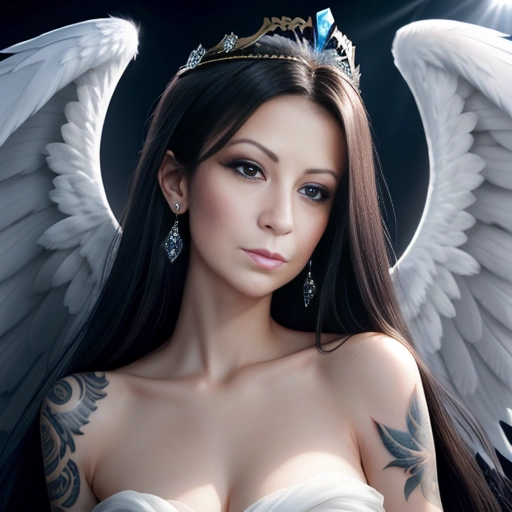 a 8k high detail photo full portrait shot, Female, five slender fingers ,silky hair, Handsome face ,beautiful lips, blue eyes,curved eyebrows,curved eyelid,pale skin,satisfaction,tattoo,ultra realistic,smooth,8k,studio lighting,surreal, Angel Wings, Angelic Lighting, Love, Hope, Magic casting, Crown, Smiling, Queen, happy,