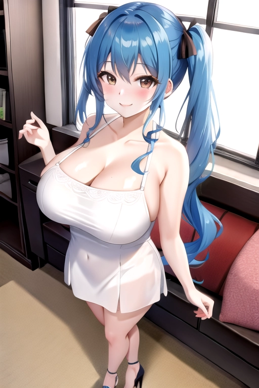 8k quality, brown eyes, pale white skin, blue hair, giant breasts, cleavage, looking at viewer, pov, long hair, wavy hair, full body photo, standing in living room, smiling, completely naked, asian, pigtails, high heels