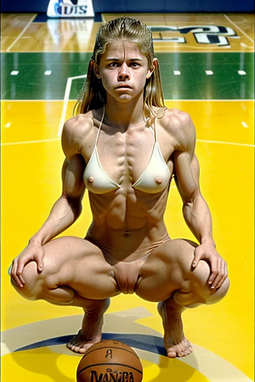 A very fit 18 year old fully naked Linda Hamilton, look of pain on her face, pushing her abs out, very low body fat, extremely lean body, perfect body, showing her vagina, squatting on a NBA basketball ball court in front of an audience, fully nude, spreading her legs, perfectly shaped breast, blonde hair, spreading her legs wide open, barefoot