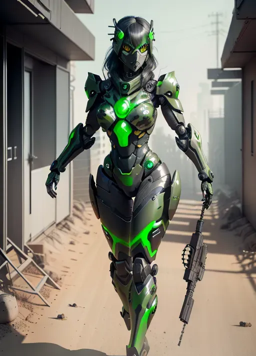 human and robotic hybrid assassin bot, sexy cyborg, black and green camouflage armor, advanced weaponry, zoftig female bot, sexy and deadly, hair exposed, skull jaw mask, inspiring fear and desire, post apocalyptic background, diffused lighting with heavy shadows, full body view from head to feet