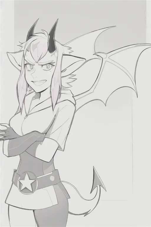 masterpiece, best quality,half body, 1girl, solo, short_hair, horns, imp, smile, pink hair, tussled hair, blue hoodie tunic, belt with star long_gloves, mono lens goggles, lineart, bat wings, tail, arms crossed, lean back, irritated <lora:manga_lineart:1>