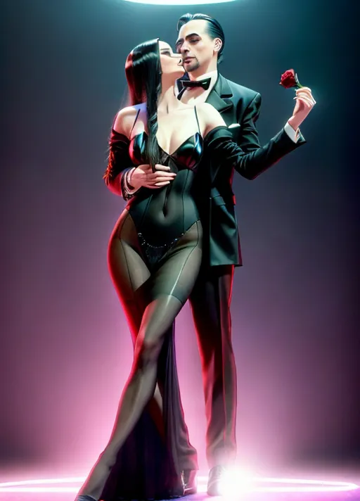 A (full-body shot:1.3) (wide-angle shot) of, (1girl 1boy), (1girl is Anjelica Huston circa 1990 as Morticia Addams:1.3), tall, (thin:1.3), goth look, (wearing a sheer black (see-through:1.3) floor-length pencil-dress neglige), (visible nipples and pubic hair:1.3), wearing sheer black panties, wearing black strapped stiletto heels, pale skin, blood red lipstick, (black nail polish), black eye shadow, raven-black hair, (((a single red rose clenched between her teeth))), (in a misty cemetary at night), with light from a (large full moon:1.3), (((1boy is Raul Julia circa 1990 as Gomez Addams:1.3))), (((wearing pin-striped charcoal suit white shirt with bowtie))), (kissing 1girl hand:1.3), (1girl 1boy looking lovingly into each others eyes while they dance a tango:1.3), neo-noir style, cgstation, DeviantArt style,
(<lora:dpmg_add_detail:0.95>), (four anatomically-correct pretty fingers and one proportional opposable thumb per visible hand:1.3), (beautiful symmetric detailed glossy eyes:1.3), beautiful lips, curved eyebrows, detailed face, detailed textured skin, realistic detailed hair, pretty teeth, skin pores, pretty realistic feet, (pretty symmetric realistic eyes), realistic teeth, realistic mouth, bushy pubic hair, realistic skin color, realistic skin tone,realistic hair color, realistic hair tone, five pretty realistic toes,
(8k RAW photo), (best quality), (masterpiece:1.3), (photorealistic), studio lighting, rim lighting, hair highlighted, UHD, Nikon Z5, (35-80mm zoom lens), (zoom out), f2.8, sharp focus, tack sharp, dof, film grain, Fujifilm XT3, (bokeh), dramatic lighting, rim lighting, subsurface scattering, volumetric lighting, focused, intricate detailed background, dramatic pose, dramatic pov, dramatic angle, dramatic lighting, cinematic composition, (cinematic lighting), HDR, (highest quality:1.8), highest resolution, (photo-realistic:1.72),
--s 250, --v 5.2, --A k_dpm_2,