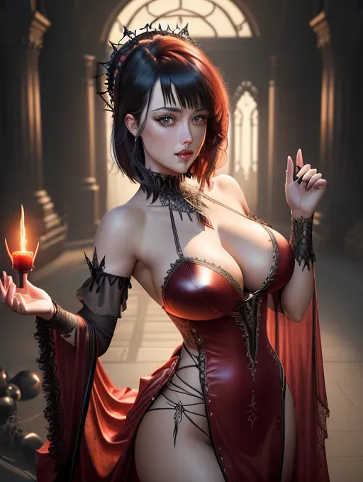 realistic HD photograph of, (((Amber Heard)))((accurate face)), (((As a erotic pagan gothic goddess)))((in a gothic pagan temple))((wearing a split side scaled scarlet pagan gown))(((wearing elaborate Bedlah)))(((reaching out towards pov))), very sexy pose,(((perky breasts))), (((slender athletic build))), (((mischievous smirking expression))),(((short straight blunt bangs haircut))), beautiful face, beautiful lips,detailed large eyes,curved eyebrows,cgsociety,cinematic lighting,studio lighting,professional,editorial,