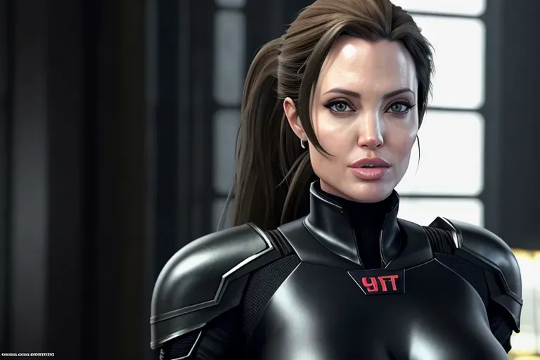 a concept art of,Angelina Jolie, confident, in resident evil, in black tactical pants, black military armor, gun holsters, combat boots, five fingers per hand,red hair, ponytail,bangs,strong pose,charming face,beautiful lips, deep eyes,curved eyebrows,textured skin,cgsociety,8k,unreal engine,highly detailed,artstation, deviantart, cinematic, sharp image, centered, medium close up, 8k,studio lighting, head in frame, long neck, entire head in frame,hyper-realistic,