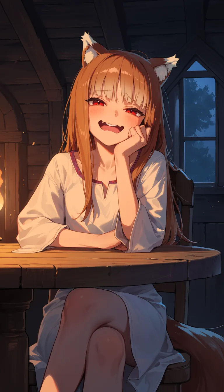 masterpiece,best quality,amazing quality,absurdres,highres, newest,score_9, score_8, score_7, year2025, newest
holo, spice and wolf,
1girl, solo, simple white dress, red eyes, long hair,
sitting, on chair,
laughing, lol,
wavy mouth, open mouth,
looking at viewer, crossed legs,
front view,
indoors, warm light,
night, darkness,
wooden house, medieval house,
round table,
background,