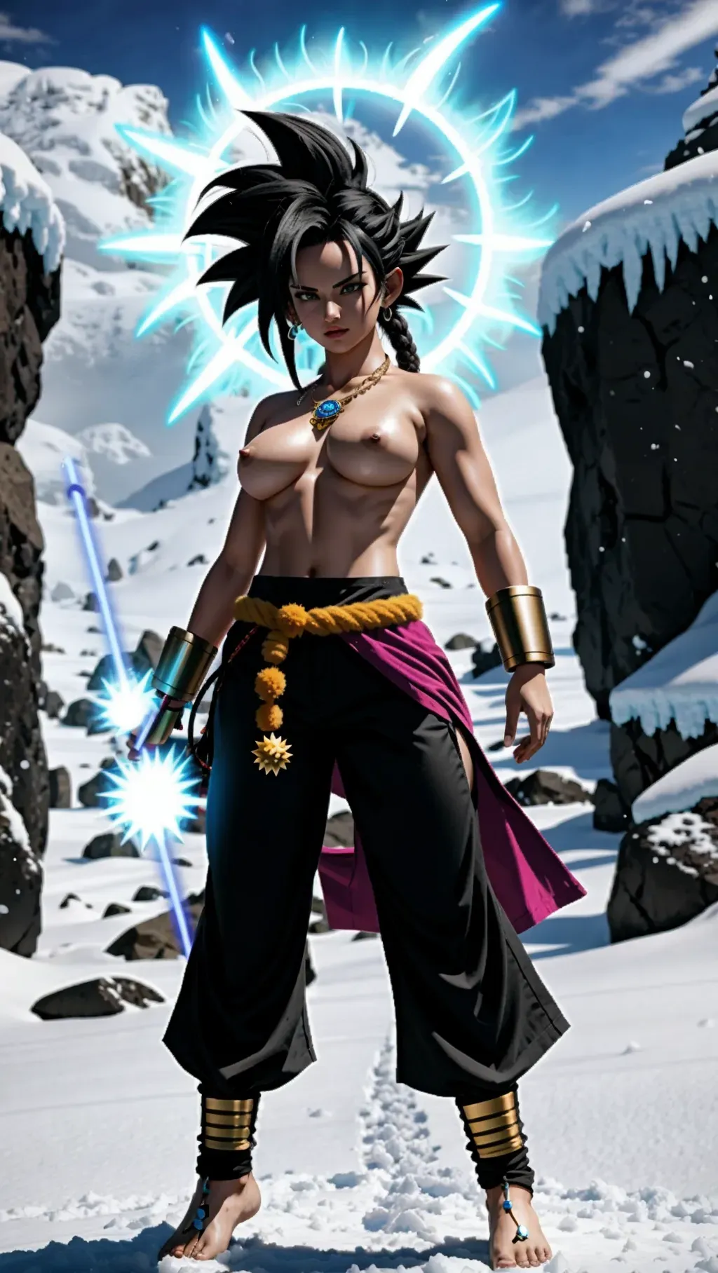 topless barefoot Super Saiyan warrior Caulifla with erect glowing nipples wearing long gi pants and wearing black wrist guards and wearing a tribal necklace with an energy aura around her while fighting against another Saiyan warrior in the arctic wilderness while forming ki energy blasts with her feet covered with electricity and standing barefoot in the snow, mechanical nipple attachments, mechanical nipple attachments, mechanical nipple attachments, mechanical nipple attachments, mechanical nipple attachments, mechanical nipple attachments,