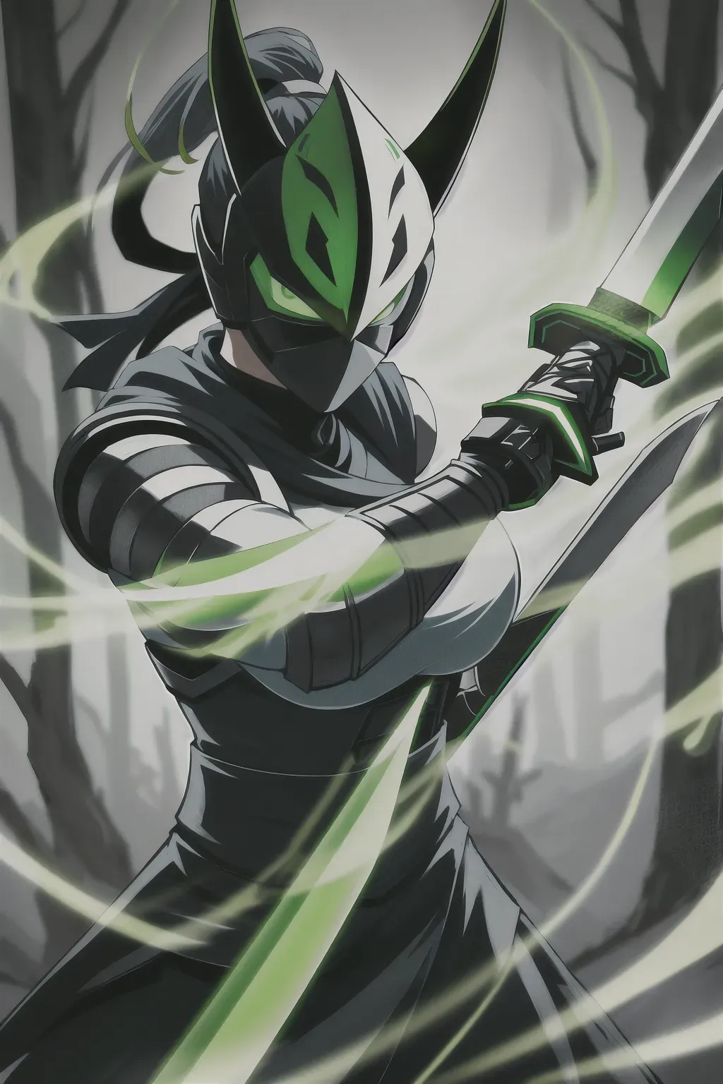 Ninja, full face mask, white, glowing green accents, with a sword, female, 8k wallpaper, best quality, ultra hd, global lighting, hi-resolution, high quality, highly detailed, in a dark forest