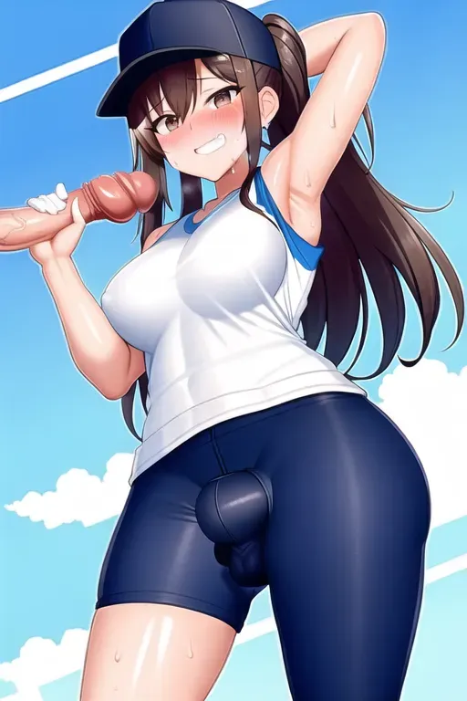 Sweaty sports girl with dick, sweat, sweaty, penis, dick, smug, sports, large penis, sweaty sports girl showing her dick, large, ballsack, nuts, holding dick,