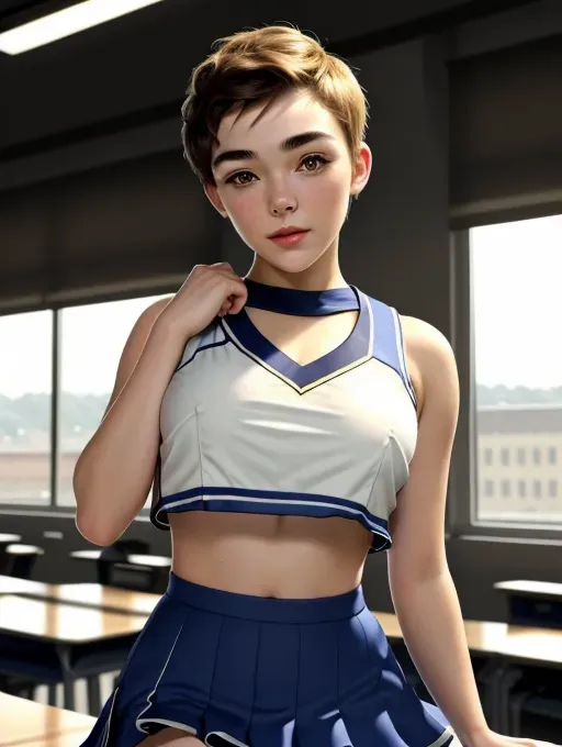 realistic 8k HD photograph, (((Florence Pugh)))((((accurate face)))),(((as a innocent seductive cheerleader)))(((sitting on a desk in a college classroom))),((smirking))(((exposed midriff)))(((looking down at POV)))(((wearing glasses)))(((wearing cropped black and white colored cheerleader uniform))),((very sexy pose)),(((perky breasts))),(((very slender athletic body))),(((very short pixie buzz cut hair))) five slender fingers, beautiful face, beautiful lips,detailed large eyes,curved eyebrows,cgsociety,cinematic lighting,studio lighting,professional,editorial,<lora:dpmg_round_glasses:1.5><lora:dpmg_upshirt:1.5>