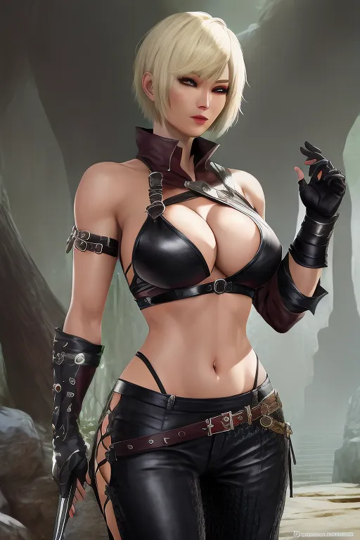 black desert online, fantasy human female martial artist, blonde short bob cut hair, black pants with straps, exposed stomach, black trousers with straps, dark red top, martial artist gloves, beautiful mature face, gray eyes, slightly tanned skin