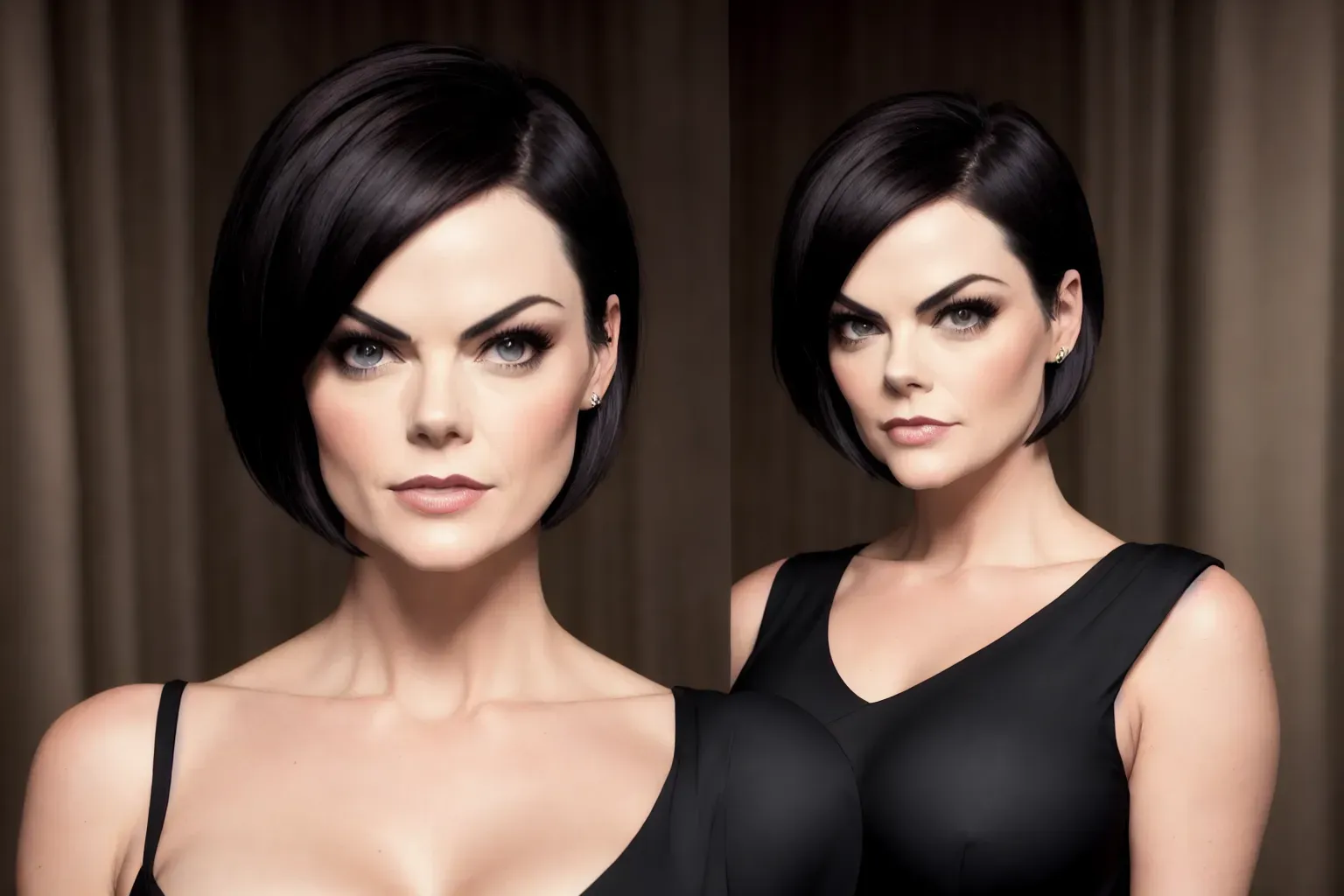 a high definition (wide shot) (full body shot) photograph of single woman (jaimie alexander),(chav slut),(wearing a tight black sheath dress)(choker)(cigarette holder)(seductive in a smoky nightclub drinking at the bar)(Sly)(mischievous)(smirking),(accurate face),(pinup art),(sexy active pose)(upskirt)(cleavage), (slender build)(Athletic Build)(skinny)(perfect tight ass), (small breasts) (B Cup)(perky breasts)(hard nipples), five slender fingers, (short straight bob cut hairstyle)(bangs)(blunt)(sleek), beautiful face, beautiful lips, detailed eyes, curved eyebrows, cinematic lighting, studio lighting, professional, editorial