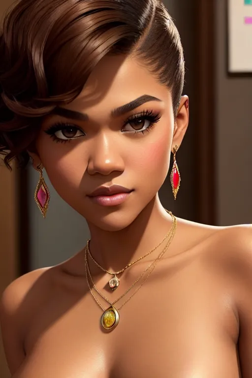 a color pencil draw of,zendaya,full body shot,big eyes, fiercely looking at viewer,naked,touching breasts,at the office,amazing breasts,five slender fingers,short thick hair,charming face,beautiful lips,brown eyes,curved eyebrows,smooth skin,romantic,wearing necklace,smooth,bokeh,sharp focus,editorial,artstation