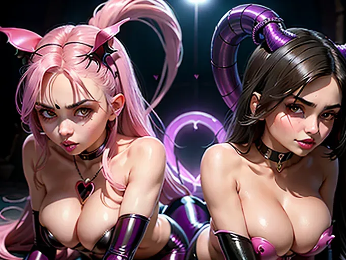 (2 woman fucking), (all fours), (front view), 20 years old, (face very close), best quality, (((ultra high res))), (detailed face and eyes), perfect boobs, perfect body, seductive, (((very long hair))), purple glowing latex, giant magical necklace, pink magic force, ((corruption)), (((long succubus tail))), purple latex gloves, choker with heart, heart shaped nipple patch, pink glowing heart, magic spell, ((Victoria justice succubus)), ((Kylie Jenner succubus)), ((magic love spell))