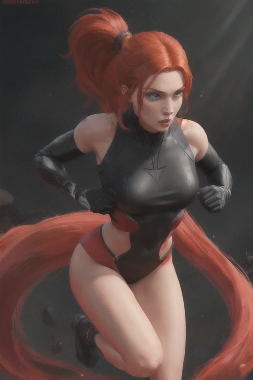 Create a woman with bright red hair, typically styled in a high ponytail. She wears lora:slingshot, she has green eyes and a slender, athletic build, reflecting her agility and strength. She wears black