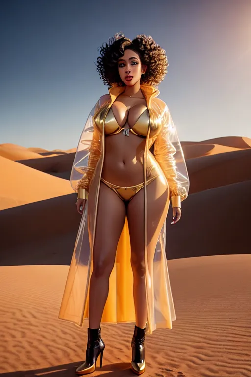 a digital art of,cardi b,wearing transparent raincoat,all-fours,in the desert,big breasts,five slender fingers,curly hair,charming face,beautiful lips,curved eyebrows,wearing golden ring,smooth,cgsociety,studio lighting,cinematic lighting,surreal