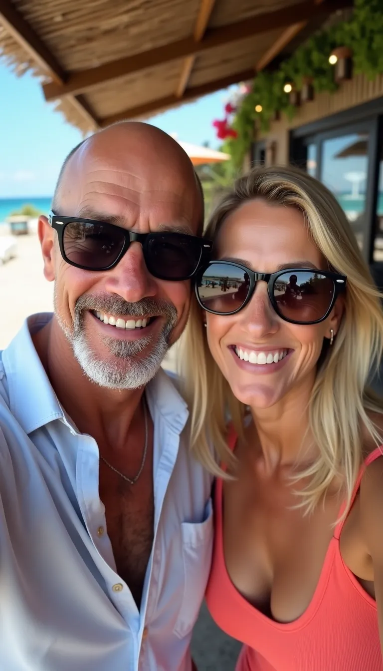 A selfie of a 40s man and a woman. The man is balding with short brown hair with a goatee and is wearing black sunglasses. The woman has mid length blonde hair and thin-rimmed sunglasses, and she is smiling at the camera. The scene is set outside a beachside
restaurant in the background
