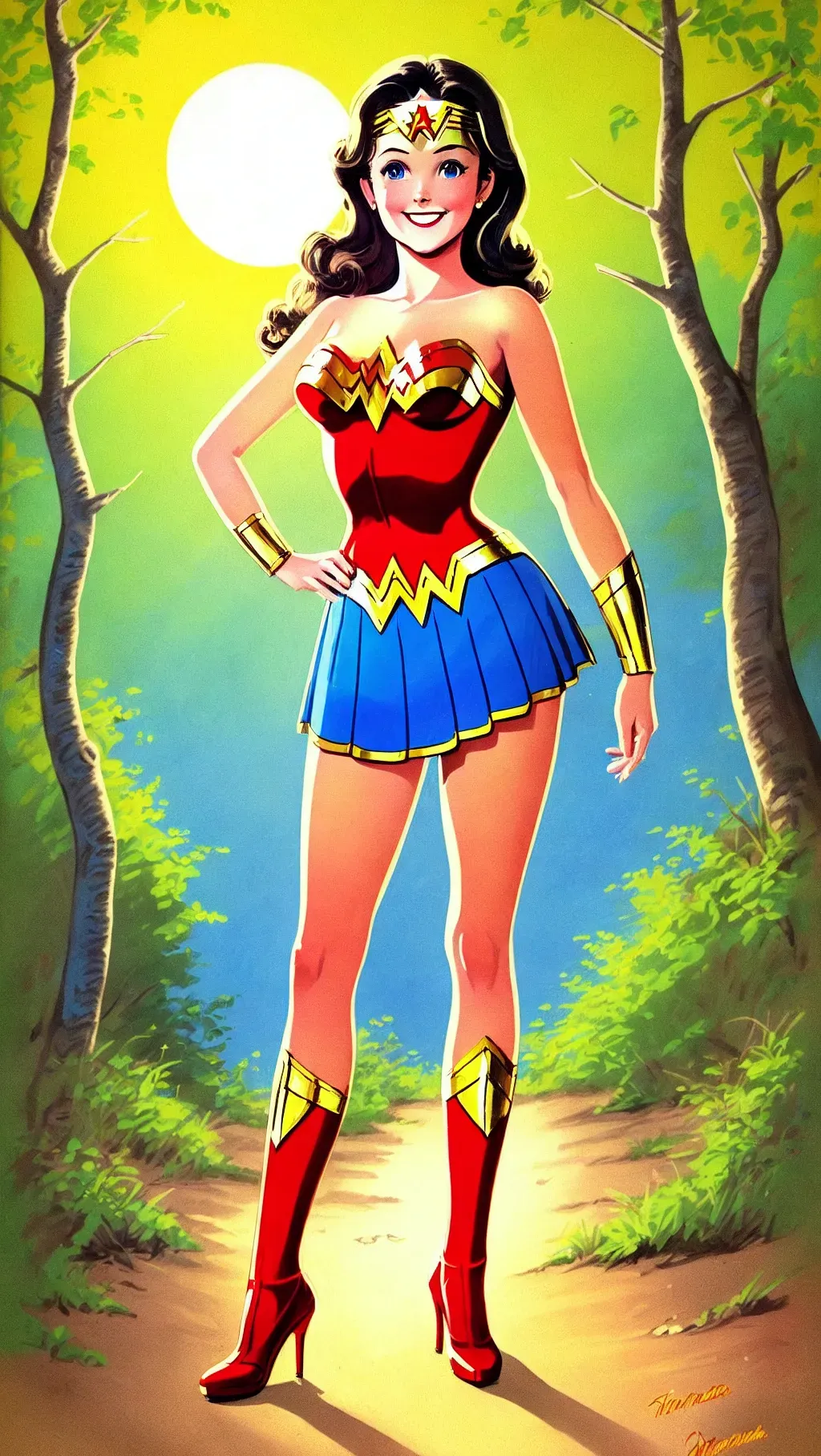 Wonder Woman as young Lynda Carter illustration concept art, she is innocent and cute, inviting smile, soft chin, detailed wonder woman red and gold costume with realistic fabrics, blue skirt, red high heels, intricate fingers, sparkling blue eyes. realistic thin thighs, slender elegant legs,
Shes standing in front of a photorealistic sunset in a forest