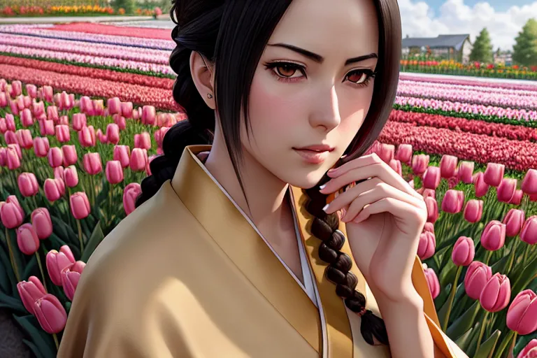 a concept art of,mikasa ackerman,wearing kimono,leaning against the wall,in a tulip garden,five slender fingers,braids hair,beautiful face,beautiful lips,curved eyebrows,pale skin,peaceful,wearing golden ring,smooth,sharp focus,artstation,ultra realistic,pixiv