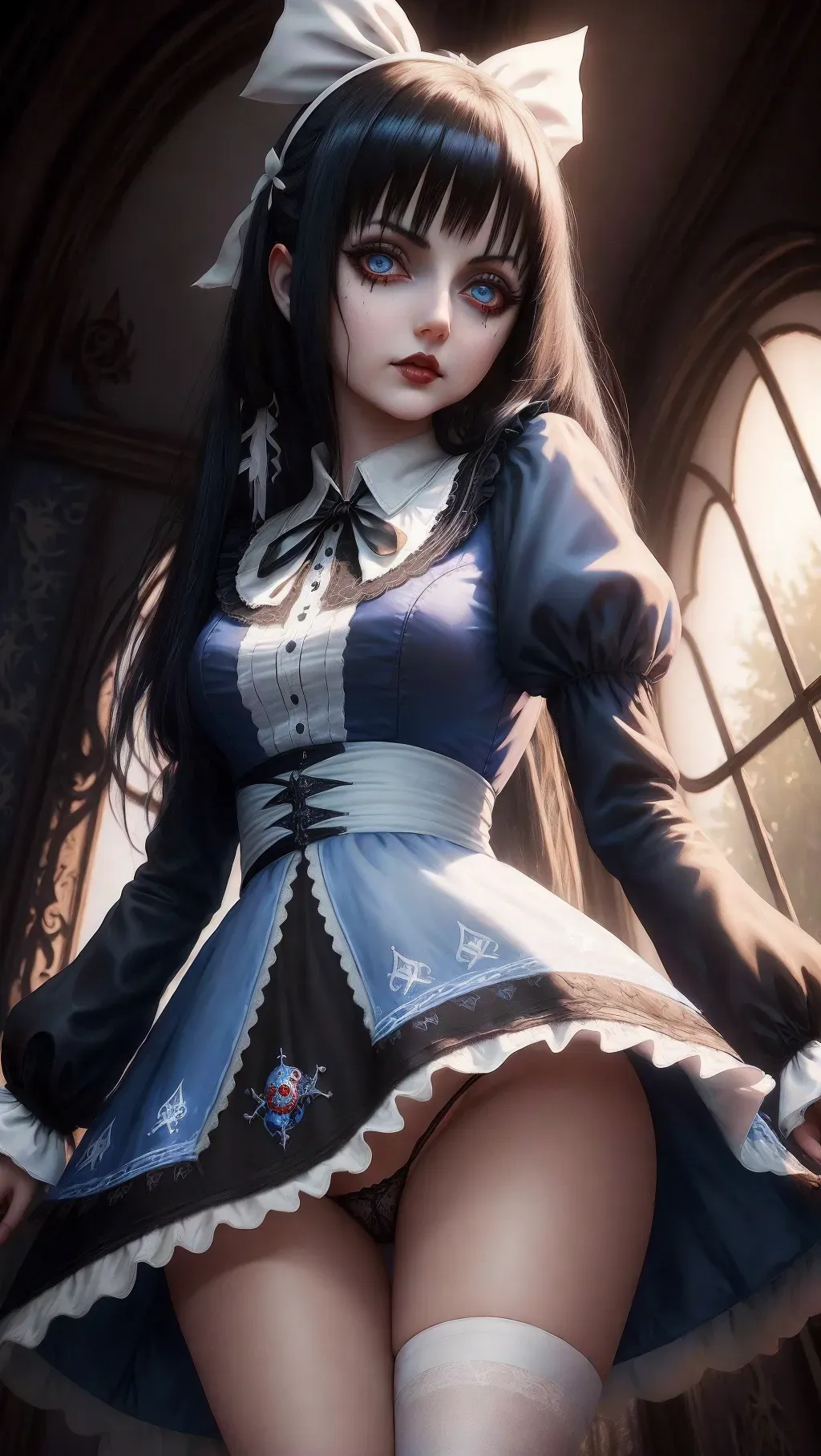 4k, painting, Alice, from Alice madness returns, Gothic clothing, lens flare, dark blue dress, white ribbon around waist, black hair, seductive pose, upskirt shot, black panties,
