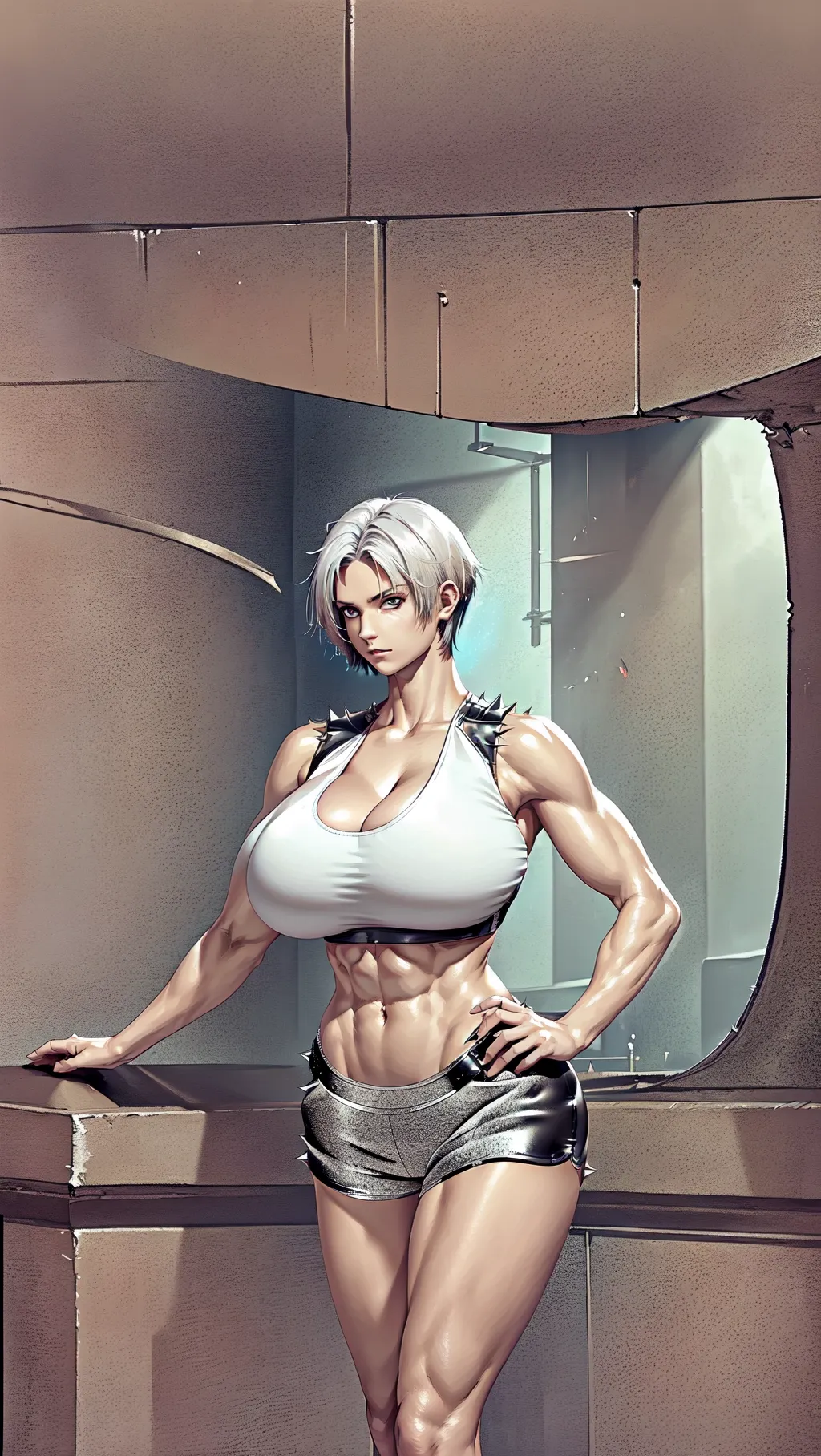 Female, short spiky hair, large breasts, athletic toned body, wearing a black leather bodice