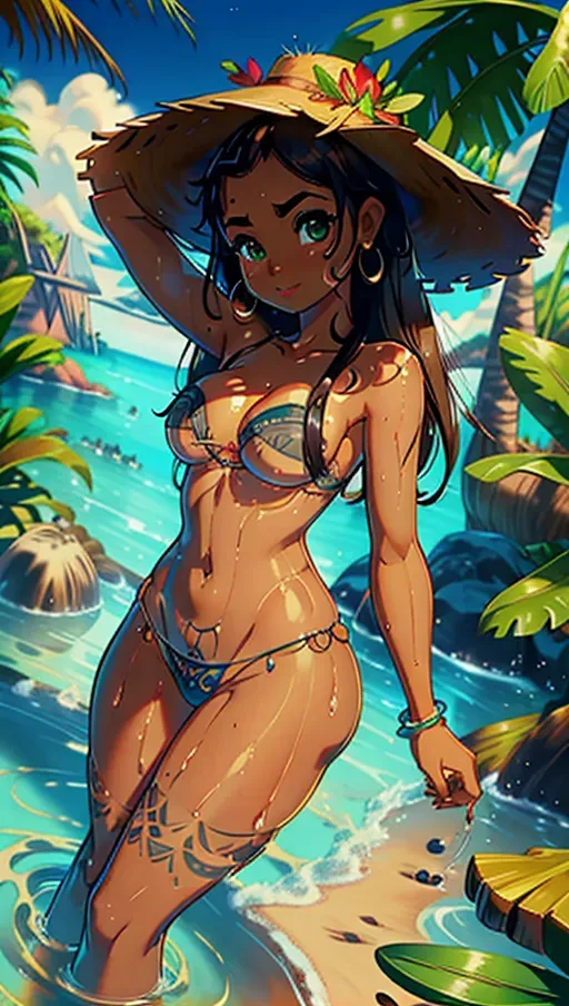 adult moana, disney, brown skin, petite, wide areolas, grass planet, beautiful, dripping wet, wet skin, small breasts