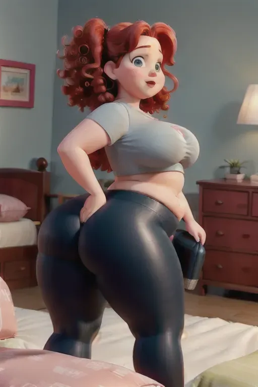 An extremely fat redheaded milf with curly hair wearing a tiny black crop top and yoga pants, with plump red lips and a belly that sags to her knees, extremely thick thighs, tree-trunk thick thighs, huge sagging breasts, obese, morbidly obese, extremely wide and thick proportions, unrealistically busty, unrealistically thick, cartoonishly wide and fat, underboob, puffy pussy, cameltoe, extremely short crop top, bedroom, on the bed, on all fours, back view