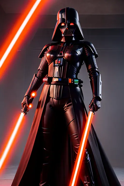 a photograph of, a female Sith, full body, wearing black futuristic armor, holding darth vaders red lightsaber in her right hand, in a dark temple, with glowing orange iris five slender fingers, beautiful lips, curved eyebrows, curved eyelid, beautiful eyes, professional, ultra realistic,