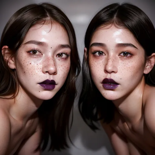 photorealistic, 8k, accurate face, (((detailed face))), (((replicate inspiration face))), freckles, black lipstick, grey eyes, brown hair,
2girls, ultra detailed 8k photo of two girls, both girls are dressed in Lingerie with straps, perfect female anatomy, wearing nothing nude, topless, breasts , <lora:dpmg_spitroast:0.3> covered in thick saliva,