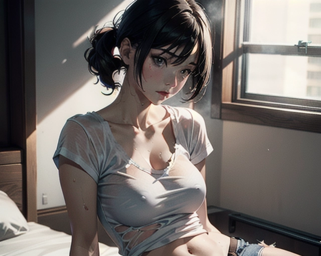 establishing shot, loose white t-shirt and hot pants jeans, skinny, 25yo, eurasian woman, (hyper-realistic face:1.3), 32k uhd --ar 9:16 --stylize 750 --v 6, realistic,((((solo)))), nudity, long straight black hair, (small breasts:1), breasts focus, wet skin, lips, perfect-hard-nipples, solo_focus, eye-contact, lifted white t-shirt, uncensored, ((torn white t-shirt)), ((cum on body:1.2)),
background bed room, sweaty, (((exhausted))),uncensored,
<lora:dpmg_add_detail:0.5>, (best quality),
beautiful, (((masterpiece))),(high resolution), (uhd), (8k)