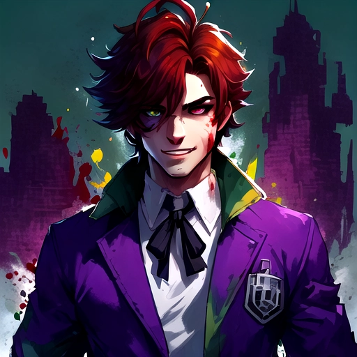 (masterpiece:1.2), (best quality), (ultra detailed), (8k, 4k, intricate),(highly detailed:1.2),(detailed face:1.2), (detailed background),detailed landscape, (dynamic pose:1.2), <lora:pixel_art:0.7>((pixelart)),solo male, hunter, purple collar spiked around neck, heterochromia, wolf animal eyes,dress school shirt, auburn antenna spikey hair disney prince messy medium antenna length light, male guardian of the earth , teen wolf, fluffy purple jacket, bloody, psycho look in eyes, grinning, smiling , blood , different color right eye, high school clothing, auburn hair, bright eyes , heterochromia ,athletic build strong and fit bodytype in prime , leader of the team headstrong looking, no facial hair, background paint spots creative ,masterpiece, digital art masterpiece ,