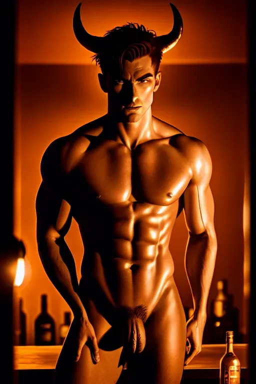 digital art, 20 year old, an devil, fit, naked, bar, night, studio light, serious, 8k, professional
