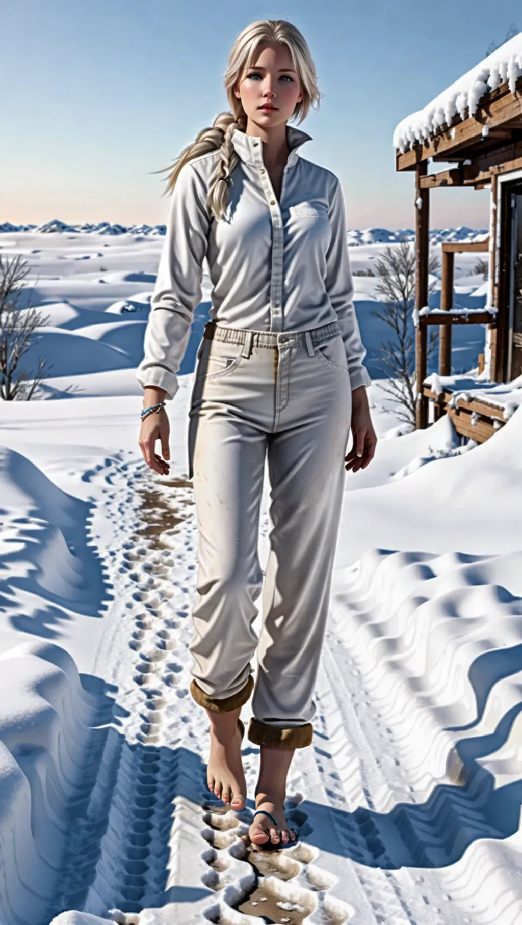 zoomed out, ultrarealistic image, adult barefoot white-skinned female journalist woman with dirt-covered feet wearing casual clothing with long pants and wearing toe rings while investigating a deserted frozen settlement, barefoot, barefoot, barefoot, snow-covered ground,