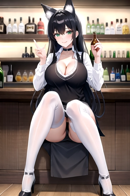 8k quality, green eyes, pale white skin, black hair, giant breasts, cleavage, looking at viewer, pov, long hair, wavy hair, full body photo, sitting at bar, smiling, minidress, tights, blue sweater vest, white long sleeve shirt, high heels, thigh high boots, choker, wolf ears, blue streak in hair