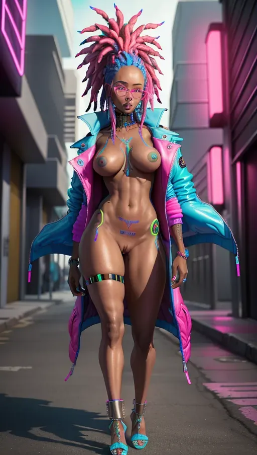 High Resolution Nude Haitian Female wearing a short jacket with Neon Blue dreads and neon pink tattoos in a cyberpunk city feet showing and pretty pussy zoomed in