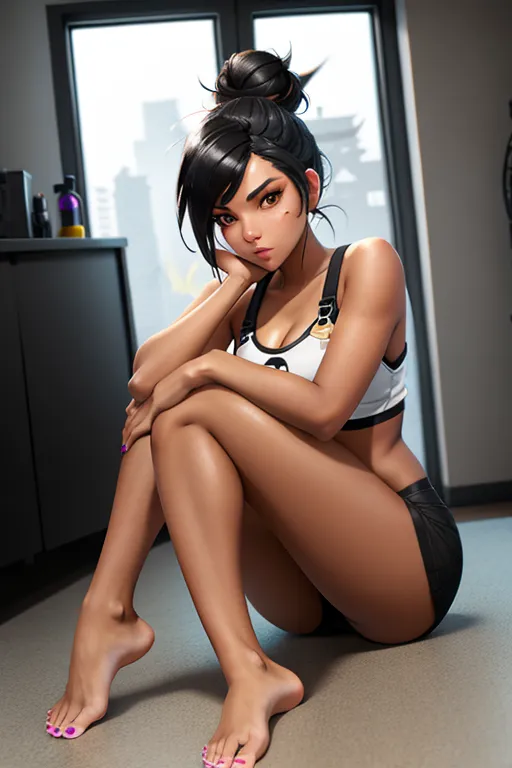 full body, bare feet, long eyelashes, tan girl, black hair in a messy bun, skinny, overwatch style, sexy pose
