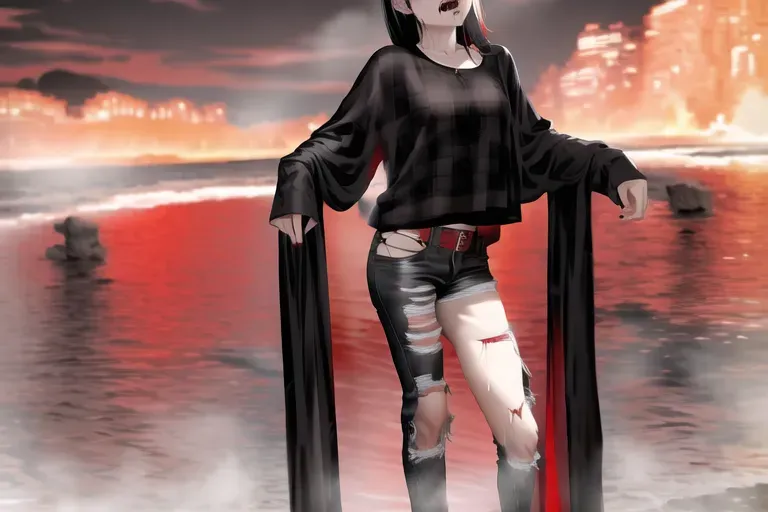 Black hair, red bangs, no shirt, ripped jeans, looking at viewer, naughty look, open mouth, drooling, zoomed in, naked, small beast, small waist, thin, goth,