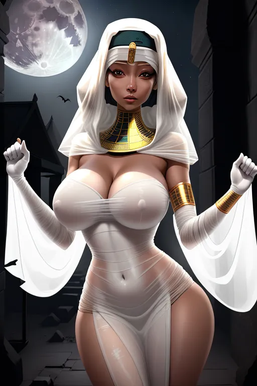sexy, female mummy, translucent white mummy wrappings, in Egyptian tomb on Halloween night with full moon behind her. Accurate face, perfect body, perfect face, perfect hands, perfect tits, puffy nipples, five fingers on each hand.