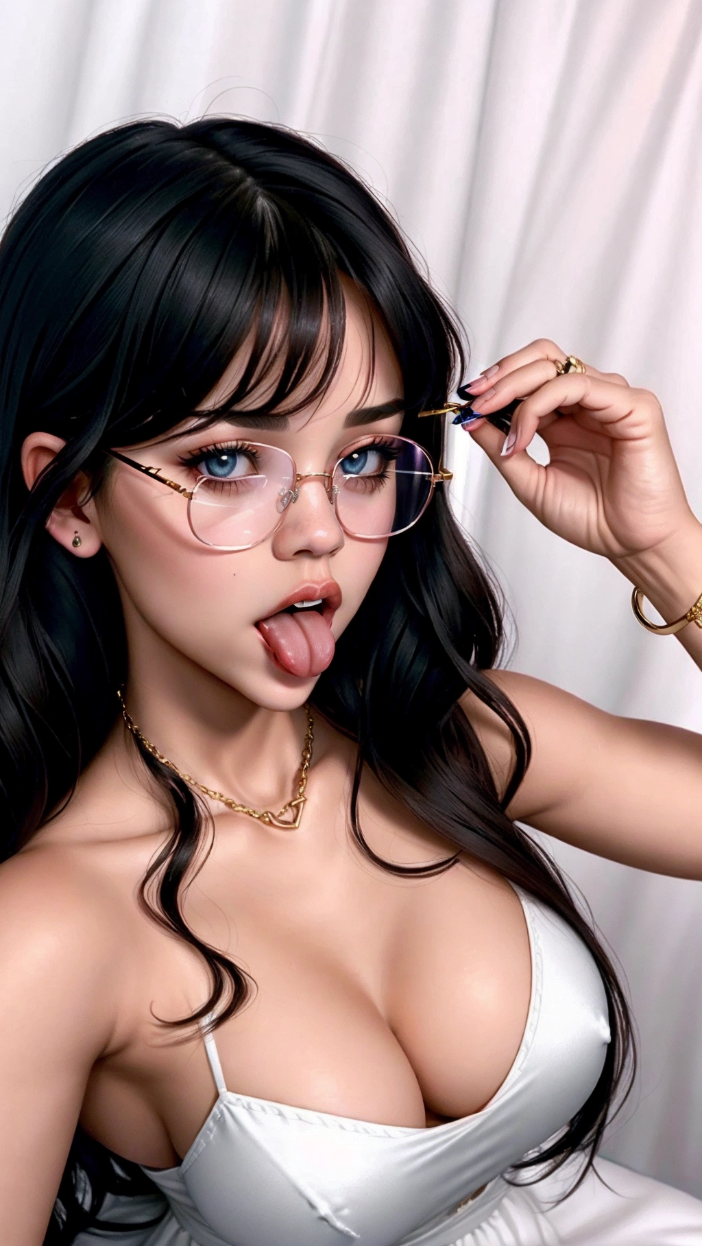 dpmg_jenna_ortega_v1,sitting,on the bed,natural breasts,five slender fingers,curly hair,beautiful face,beautiful lips,blue eyes,curved eyebrows,smooth skin,romantic,wearing golden ring,cgsociety,ultra realistic,artstation,pixiv,surreal,wearing white satin dress,orgasm face, horny eye, dpmg_awaitingtongue_v1, wearing glassess