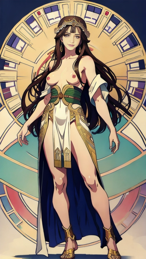 painting with (mucha artstyle) of, masterpiece,perfect edges, ultra realistic, perfect anatomy, realistic skin texture, ((full body)), woman, standing, long dark hair, highly detailed face, detailed eyes,perfect hands, medium breasts, (wearing toga), ((bare breasts))