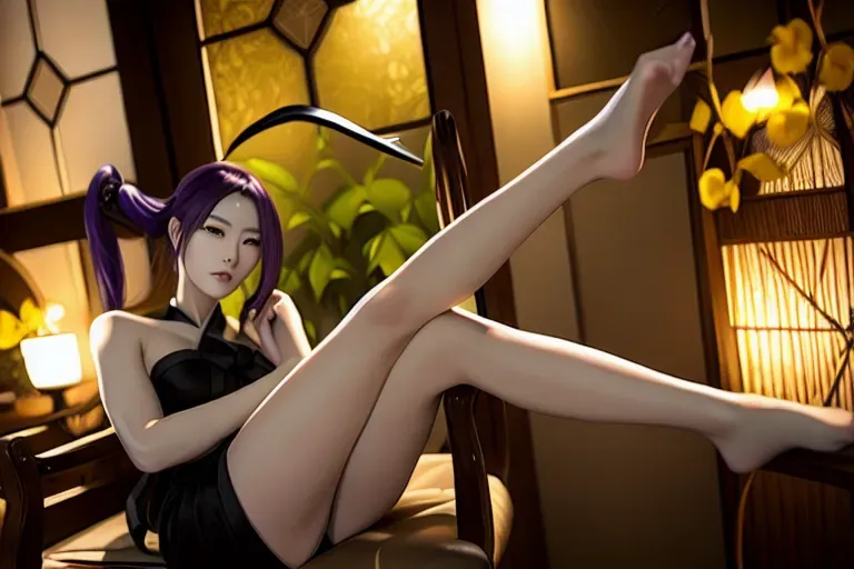 1girl, slender body type, full body , ninja, feudal japan::5, edo period, night, high res, short parted dark black hair::5, small breasts::2, long bare legs, green almond shaped eyes::2, thin parted lips::2, solo, ((masterpiece)),photo referenced::5, pale skin, purple eyeliner::2, tenchu::5, kunoichi::5, professional, ultra high res, dark yukata::2, long sleeves::1, kuugire, stealth, soft feminine facial features, button nose, dark kimono, 25 years old, seductive look, arrogant look, sinister look, moody lighting ,head tilt, detailed face and eyes, correct calf muscles::5 rose tattoo on thigh::5, sitting on chair ::5