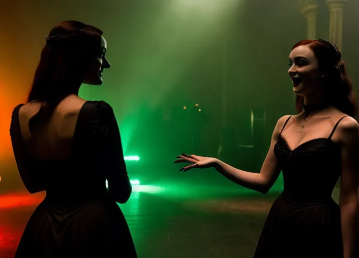two ladies in a dark atmospheric modern goth nightclub, Dakota Fanning as Mavis Dracula of Hotel Transylvania in tight black revealing attire and hypnotic red glowing eyes, dancing the night away with beautiful good auburn haired Elizabeth Lail as Anna of Arendelle in a modest light green royal gown. Photorealistic, b-horror film screencap,
