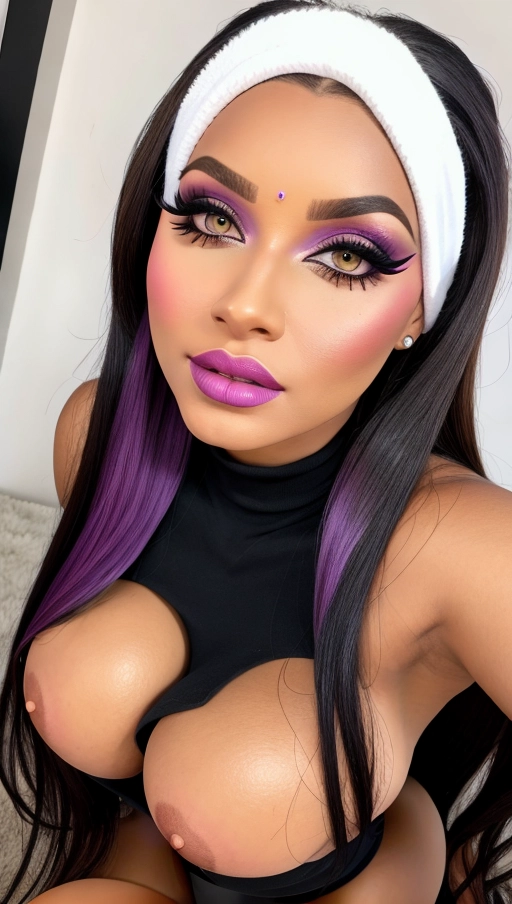 1 fully naked Bimbo, Latina, extremely large breasts, silicone boobs, round melon boobs, huge fake tits, addicted to surgery, enormous implants, downsized nose, button nose, bright glossy lipstick, violet eyeshadow, thick eyeliner, very long eyelashes, brown eyes, ((black hair)), high detailed eyes, realistic tanned skin, (((photorealistic))),