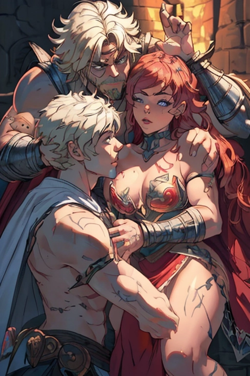 Two people, a twisted realism fantasy setting, a sexy story book princess and a dashing Nordic warrior embracing, having graphic sex, a beautiful and cute damsel princess, blonde, thicc curvy, sexualy aroused, captive, in a dungeon, tattered pink princess dress, waiting eagerly for a strong dashing warrior barbarian in the fireground to fuck her, a muscular warrior man, red hair and beard, well endowed, viking armor, ((high definition)), ((4k quality)), ((excellent lighting)), ((great shading)), ((pristine detail)), ((really clear picture)), ((beautiful vibrant colors)), ((accurate at lower prompt guidence)), ((ultra realistic)), (((five fingers per hand))), (((two arms per person))), (((two legs per person))), (((two hands per person))), (((two feet per person))), ((((100 percent according to prompt)))), <lora:sleep_hug:1>