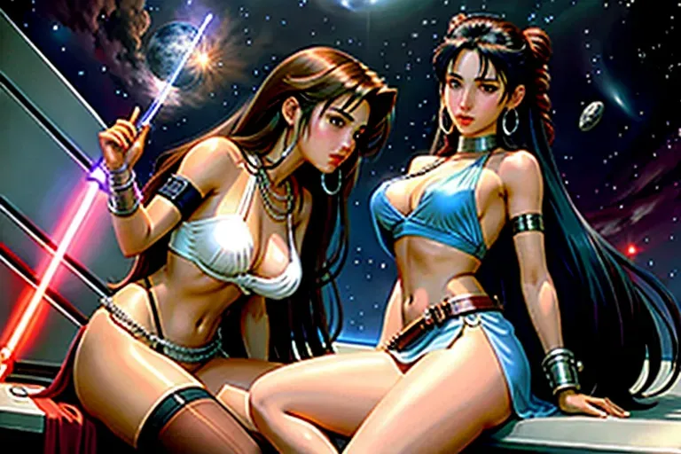 <lora:dpmg_upshirt:1> , final fantasy meets star wars with padme amidala and aerith and tifa in chains, aerith, aerith gainsborough, tifa, tifa lockhart, lesbian, 2girls tifa and aerith, 2 girls, no underwear, no panties, jewelry, bracelets, ankle bracelets, metal chain around neck, showing gorgeous pussy, gorgeous breasts, dress, in a space pub