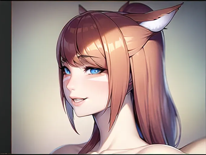 identical to inspiration, dpmg_face_cum_v1, beautiful nude miqote, auburn hair, auburn cat ears, beautiful blue eyes, beautiful face, smirk, gorgeous breats, gorgeous curve, naked hand, (high quality face)